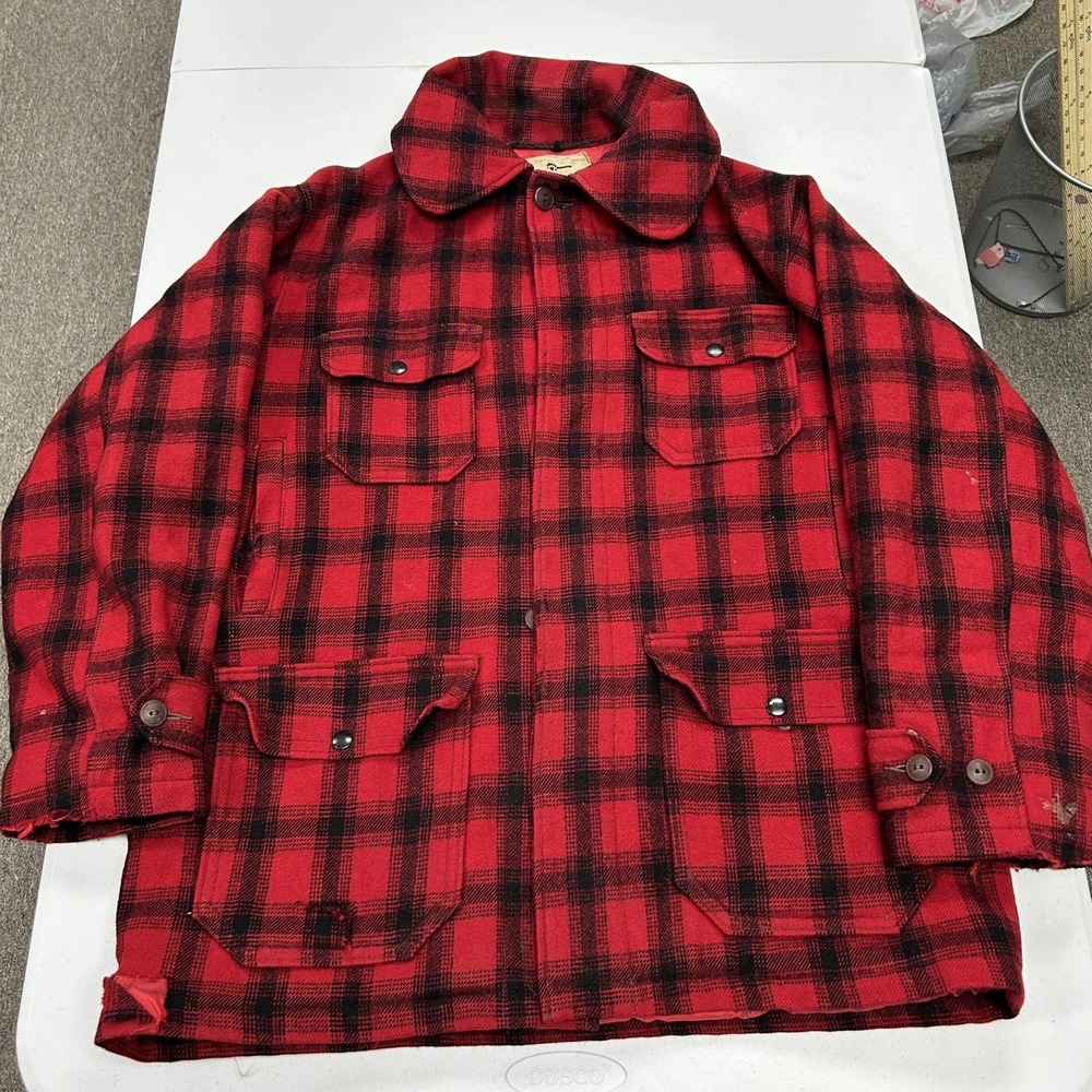 Woolrich Hunting Jacket Mens XL Red Buffalo Plaid Wool Quilted Lining Style 523